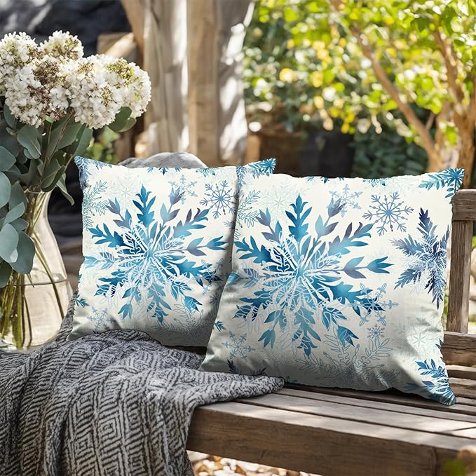 Set of 2 Winter Snowflake Pillow Covers Blue Christmas Decorative Throw Pillow Cases 18x18 Inch Farmhouse Xmas Holiday Outdoor Cotton Linen Pillowcase for Living Room Couch Sofa Decor