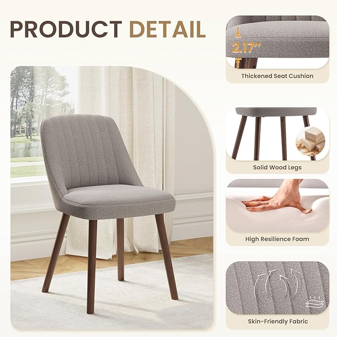Upholstered Dining Chairs Set of 6, Modern Fabric Kitchen Chairs with Back, Wood Legs for Kitchen Dining Room Restaurant, Taupe