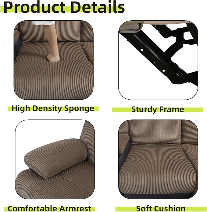 Power Reclining Sectional Sofa, 5 Seat Sectional Couch with Recliners, Soft Corduroy & Breathing Leather Sectional with 2 Recliners,USB Charging Ports,LED Light Strip, Living Room Furniture Set | Breathable material, LED Lighting