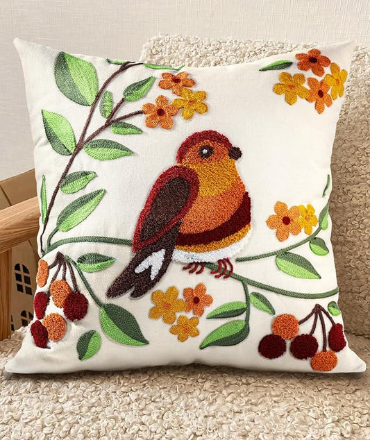 Embroidered Throw Pillow Cover - 18x18 Decorative Pillow Cover with Zipper Aesthetic Cute Design Boho Spring Summer Throw Pillowcase for Living Room Couch Sofa Bed, Tree Bird