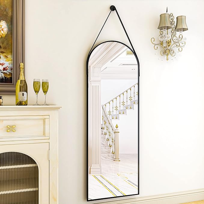 HARRITPURE 16"x48"Arched Mirror with Hanging Leather Strap Full Length Mirror Aluminum Frame Wall-Mounted Arch Hanging Mirrors for Bathroom Vanity Living Room Bedroom Entryway Decor