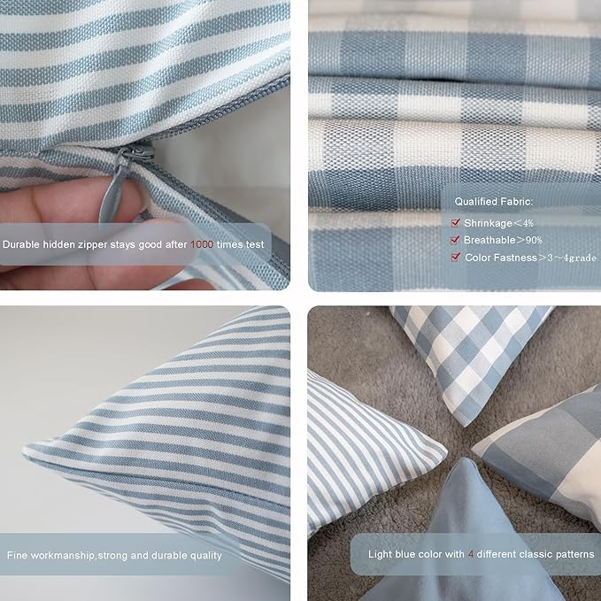 HOPLEE Light Blue Pillow Cover Cushion Cover with Buffalo Plaid, Solid Light Blue, Striped and Gingham Plaid Design 22x22 Inches,4 Pack