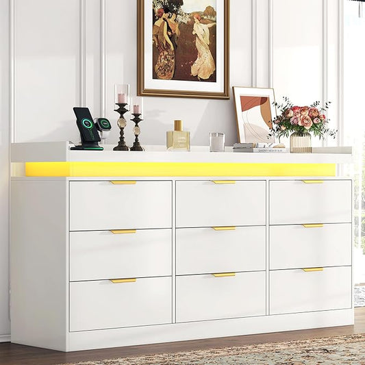 9 Drawer Dressers for Bedroom, White Dresser with LED Light and Power Outlet, Modern Large Dresser & Chests of Drawers, Wood Triple Wide Dressers for Bedroom, Entryway, Hallway