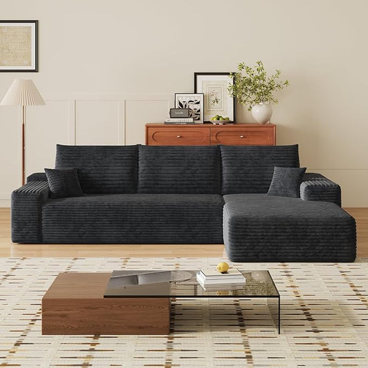 107" Oversized L Shaped Couch with Chaise, Minimalist Compressed Boneless Couch No Assembly Required, Modular Cloud Sectional Sofa for Living Room Bedroom, Right Facing Chaise, Plush Corduroy, Black