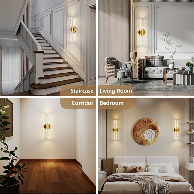 Gold Battery Operated Wall Sconces Set of 2, 13000mAh Rechargeable Wall Lights with Remote Control, 15 Color Dimmable Wireless Crystal Wall Sconce for Bedroom Living Room Hallway Party (2 Pack)