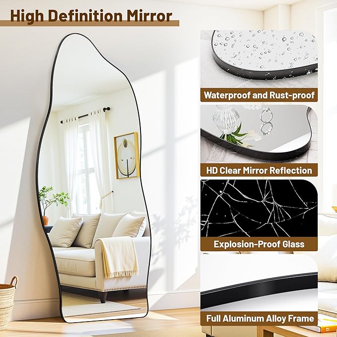 Antok Full Length Mirror, 76"x36" Floor Mirror with Stand, Standing Hanging Leaning Irregular Mirrors for Bedroom Living Room Entryway, Cloud Shaped, Black