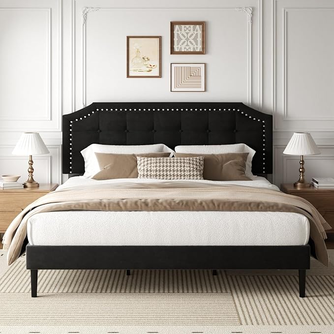 King Size Bed Frame, King Size Platform Bed Frame with Upholstered Button Tufted Headboard, Strong Wood Slats, No Box Spring Needed, Mattress Foundation, Easy Assembly Black