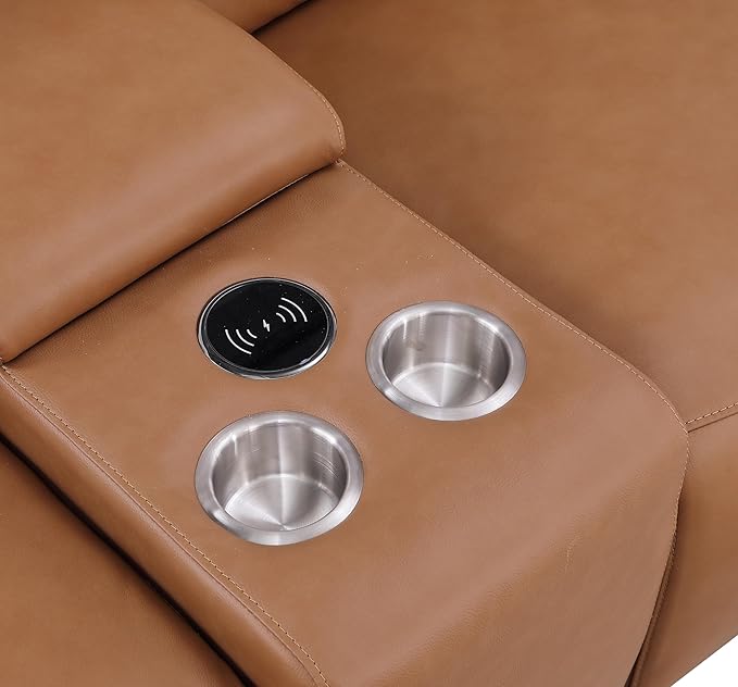BlackJack Furniture Venice Top Grain Italian Leather Power Recline 5 Piece Sofa - 134" Theater Seating Modern Couch for Living Room Apartment Lounge Home with Adjustable Headrests & USB Port, Cognac