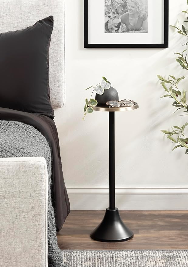 Kate and Laurel Sanzo Modern Pedestal Drink Table; 9 x 9 x 23; Antique Brass and Black; Decorative End Table with Hammered Tabletop for Use as Small Plant Stand or Living Room Martini Table