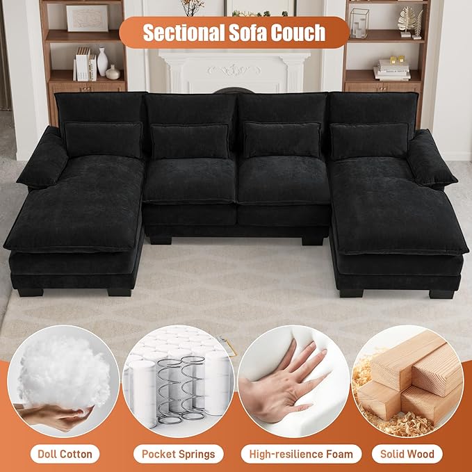 ONEMMLION U Shape Cloud Couch Sectional Sofa for Living Room, 110" Modern Chenille Comfy Cloud Sofa, 4 Seat Upholstered Modular Sofa with Memory Foam & Double Chaise, Jet Black
