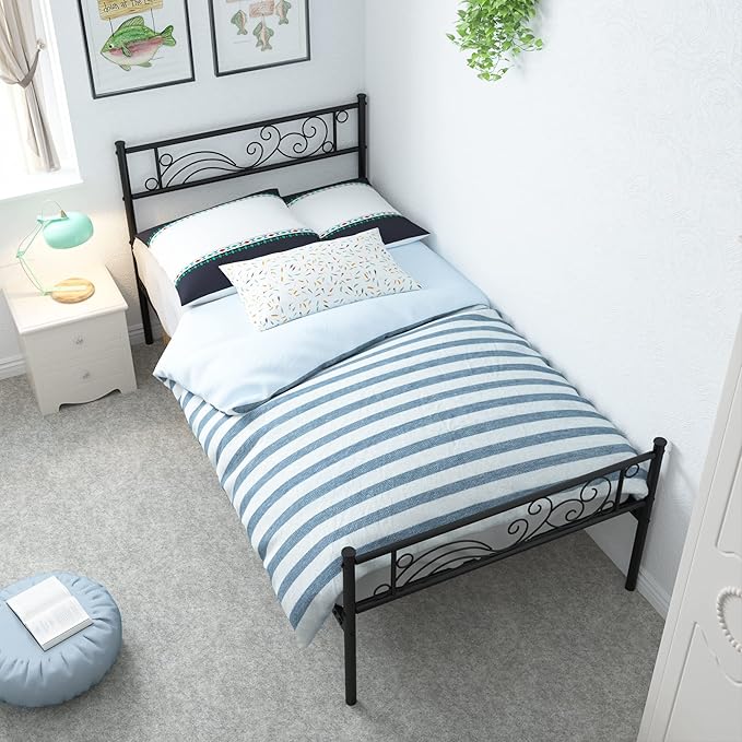 Weehom Metal Twin Bed Platform Frame Heavy Duty Steel Slat Under Bed Storage Bed Frame with Headboard, Black