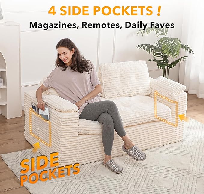 Boneless Loveseat, 2 Seater Deep Seat Loveseat Sofa with Wide‑Wale Corduroy for Small Spaces & Living Room, 60” Width, No Assembly, Washable Cover, Beige