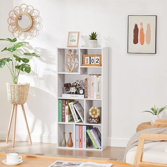 VECELO 42 Inch High Bookcase, 4-Tier Modern Storage Cabinet with Height Difference Shelves for Standard Textbooks, Floor Standing Display, 7 Cubes, Horizontal Avaiable, Easy Assembly, Pearl White