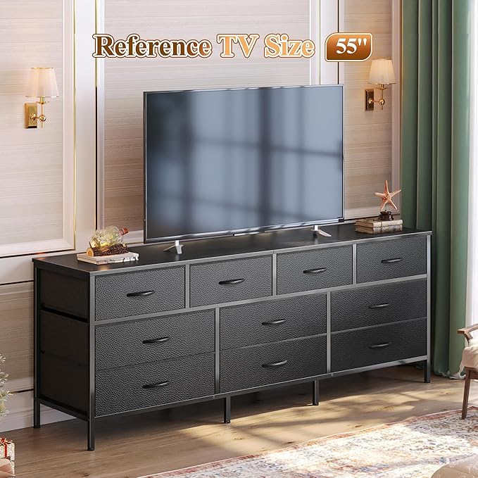 Huuger 63 Inch Dresser for Bedroom, Long Dresser with 10 Fabric Drawers, TV Stand for 55, 65, 70 Inch TV, Toy Storage Organizer for Closet, Black