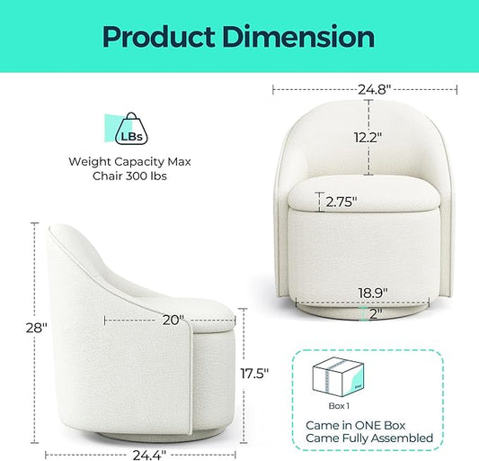 LINSY Swivel Accent Chair Set of 2, Comfy Chenille Barrel Chairs with Storage 360 Swivel Modern Armchair for Living Room Bedroom, Small Boucle Reading Chair for Study Room (Beige)