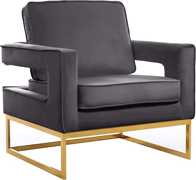 Meridian Furniture Noah Collection Modern | Contemporary Velvet Upholstered Accent Chair with Durable Stainless Steel Base, Grey, Gold Base