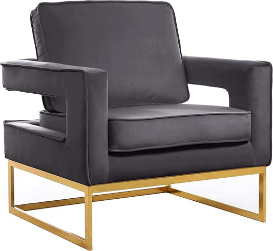 Meridian Furniture Noah Collection Modern | Contemporary Velvet Upholstered Accent Chair with Durable Stainless Steel Base, Grey, Gold Base