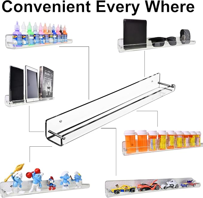 AMT 3 Pack Acrylic Floating Shelves, 15 L x 1.8 W, Clear Bathroom Wall Shelf, Bookshelves, Invisible Display for Office, Bedroom, Small Gap Allows Water to Escape, Free Screws & Drill Bit (Small)