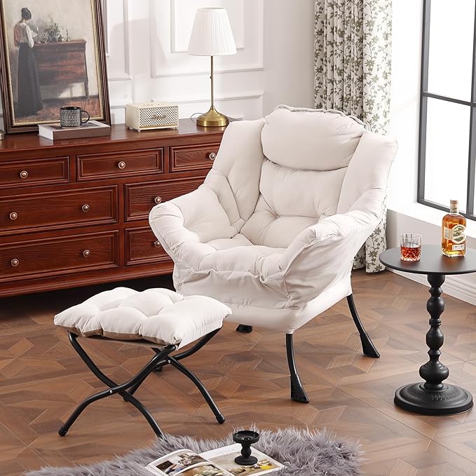 Lazy Chair with Ottoman, Modern Chair with Folding Footrest, Beige Accent Chair, Comfortable Reading Chair, Oversized Armchairs for Bedroom, Study, Living Room, Courtyard
