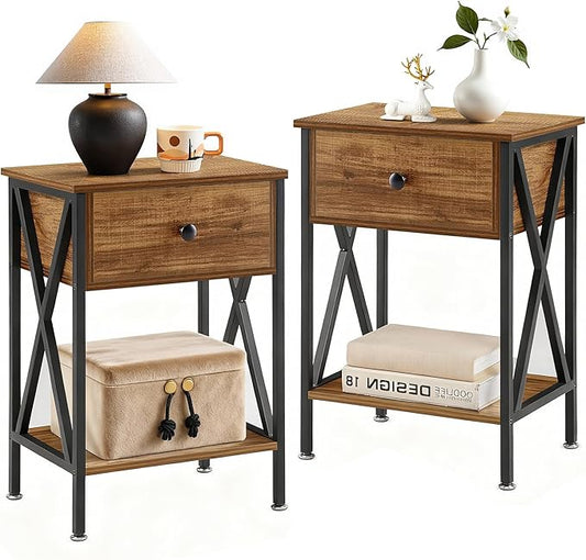 VECELO Night Stand Set of 2, End Tables with Drawer, 2-Tier Bedside Tables with X Shaped, Side Table Stand with Storage Shelf for Living Room/Bedroom,Rustic Brown
