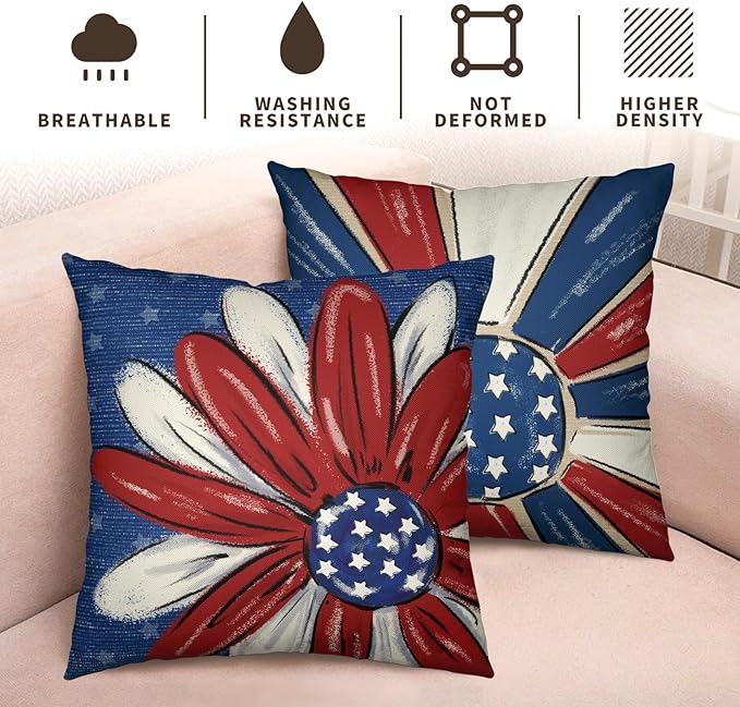 4th of July Outdoor Pillow Covers 24x24 Set of 2 Patriotic Stars Fireworks Throw Pillow Covers Independence Memorial Day Red White Flower Decorative Cushion Cases for Couch Sofa