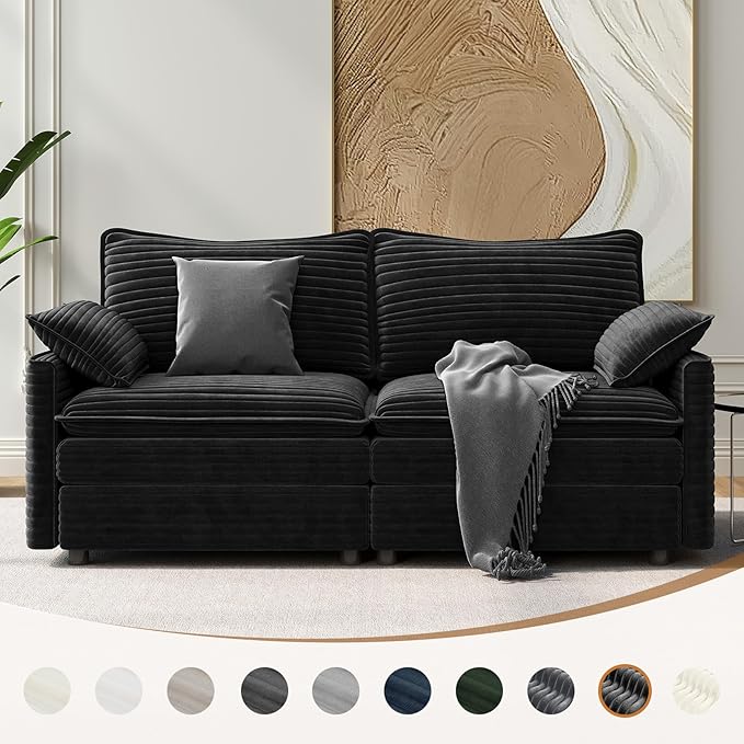Vesgantti 74" Loveseat Sofa for Living Room, Comfy Cloud Couch Deep Seat Corduroy Modern 2 Seater Small Sofa with Armrest Pillow, Easy Assembly for Small Spaces, Black | Sink-in Comfort, Height Adjustable, Easy Rearrangement, Extra-deep Ottoman, Solid ...