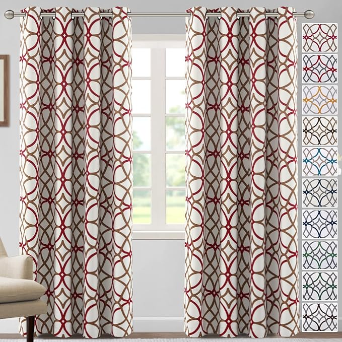 H.VERSAILTEX Blackout Curtains Printed Design for Bedroom 84 Inch Length Thermal Insulated Curtains for Living Room Modern Grommet Window Drapes 2 Panels Set, Taupe and Red