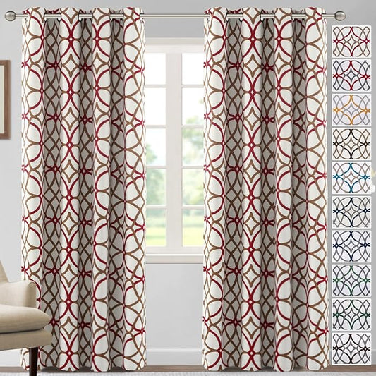 H.VERSAILTEX Blackout Curtains Printed Design for Bedroom 84 Inch Length Thermal Insulated Curtains for Living Room Modern Grommet Window Drapes 2 Panels Set, Taupe and Red