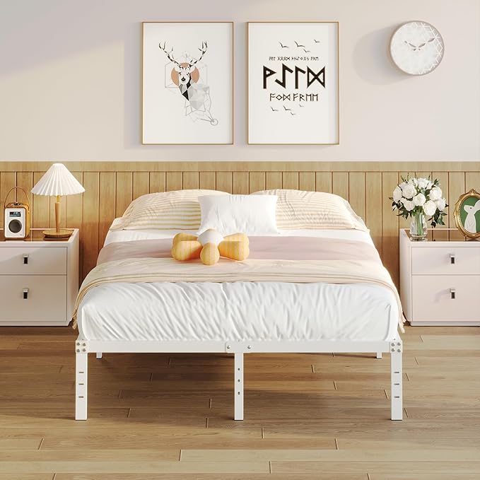 14 Inch Full Size Bed Frame No Box Spring Needed, Heavy Duty Metal Bed Frame Full with Large Underbed Storage Space, Noise Free, Easy Assembly, White
