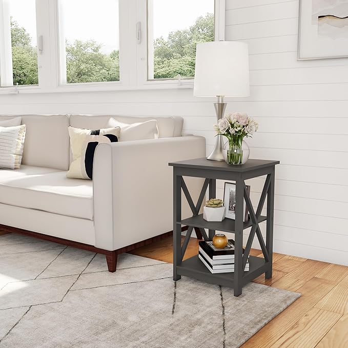 Lavish Home Wooden End Table - Modern Style Sofa Side Table with X-Leg Design and Two Shelves - Small Furniture for Living Room or Bedroom (Gray)