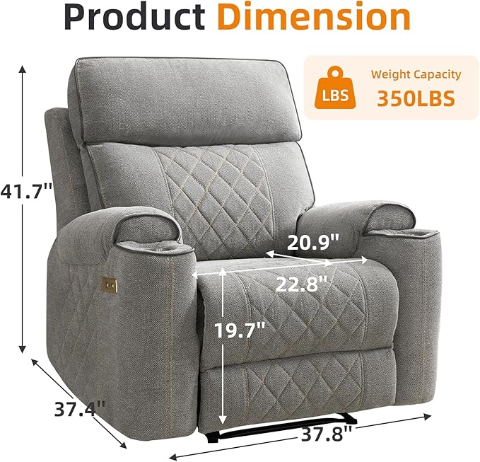 EBELLO Power Recliner Chair, Electric Fabric Reclining Sofa with Cup Holders, USB Charging Ports, for Living Room, Bedroom and Meeting Room, Light Grey