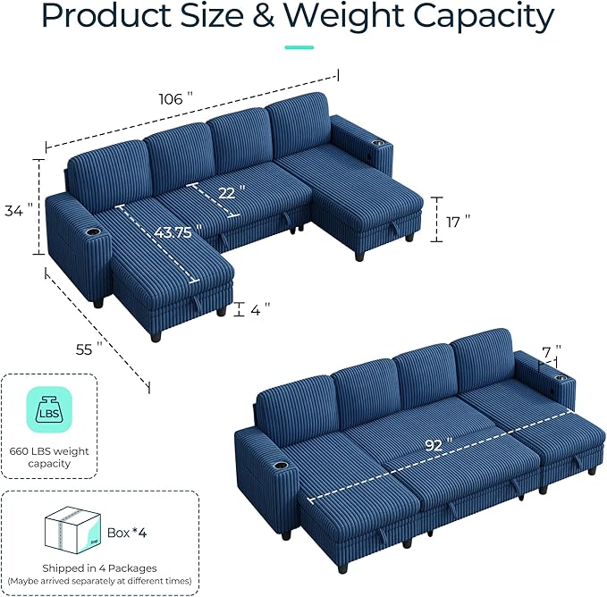 LINSY HOME Sectional Sleeper Sofa Pull Out Couches for Living Room (Blue, Sleeper Sofa 3) | Pull Out Sofa Bed, Storage, USB Charging, Cup Holders, Plush Corduroy | Pull Out Sofa Bed, Storage, USB Charging, Cup Holders, Plush Corduroy