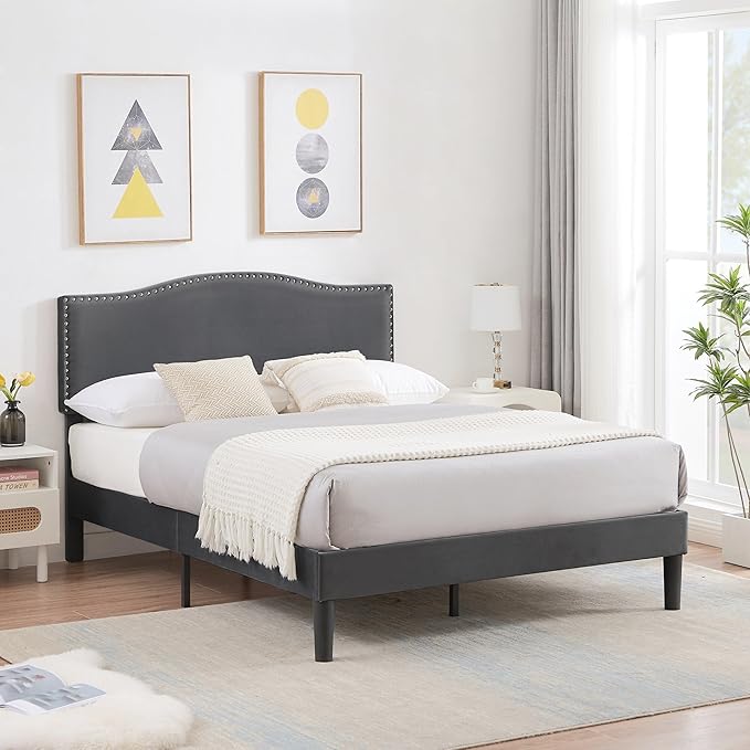 VECELO Full Bed Frame Platform Bed Frame with Upholstered Headboard, Strong Frame and Wooden Slats Support, Strong Weight Capacity, Non-Slip and Noise-Free, Easy Assembly,Dark Grey