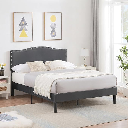 VECELO Full Bed Frame Platform Bed Frame with Upholstered Headboard, Strong Frame and Wooden Slats Support, Strong Weight Capacity, Non-Slip and Noise-Free, Easy Assembly,Dark Grey