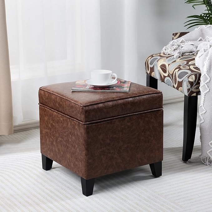 Adeco 17-inch Tufted Faux Leather Storage Ottoman, Square Footrest Stool with Hinged Lid and Solid Wood Legs, Small Accent Foot Stool for Living Room & Bedroom, Dark Brown