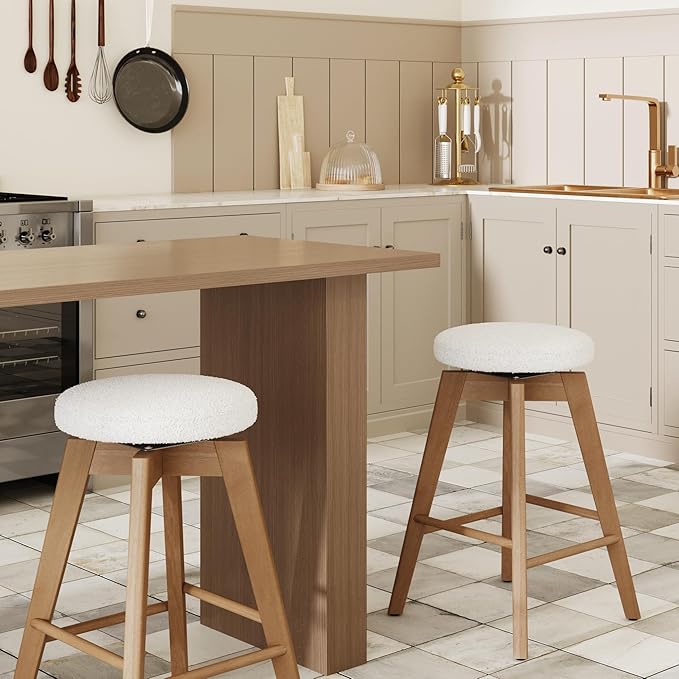 Nathan James Amalia Bohemian Swivel Bar Stool, Backless Counter Height Boucle Counter Stool with Solid Wood Legs and Upholstered Seat, White Oak Set of 2