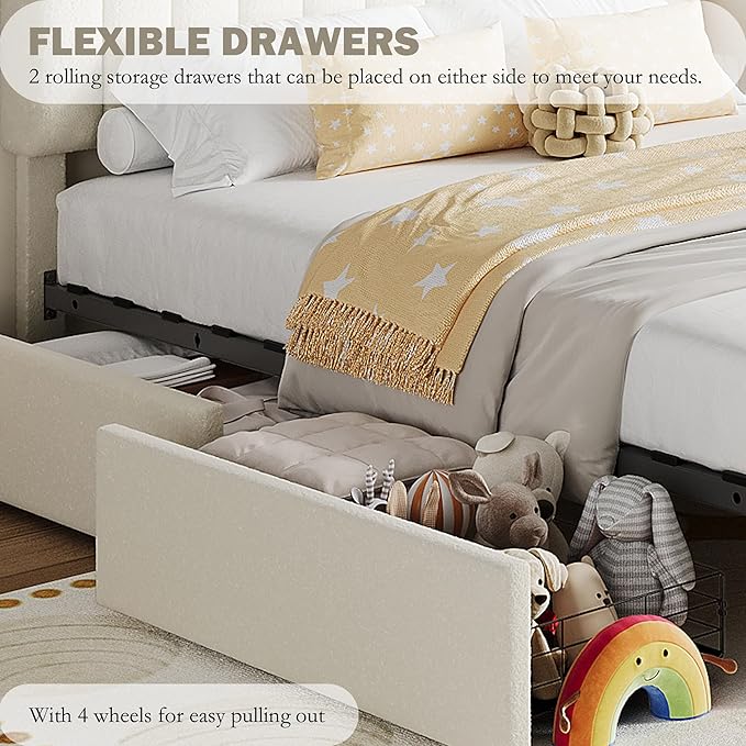 IDEALHOUSE Full Bed Frame with 2 Flexible Drawers and Bookcase Headboard, Boucle Upholstered Platform Bed for Boys/Girls, Noise-Free, Easy Assembly, No Box Spring Needed, Beige