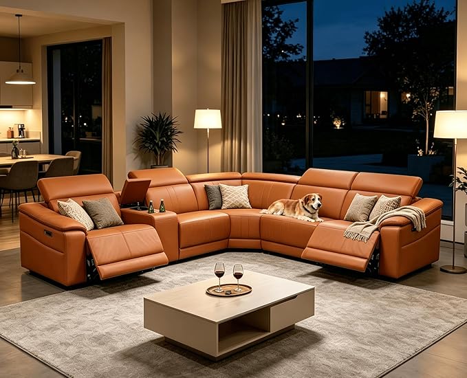 Power Recliner Sectional Sofa, L-Shaped Leather Sofa Set for Living Room, Power Reclining Sofa with USB Ports, Storage Console & Cup Holders, Breathing Leather Couch with Recliner (Orange)