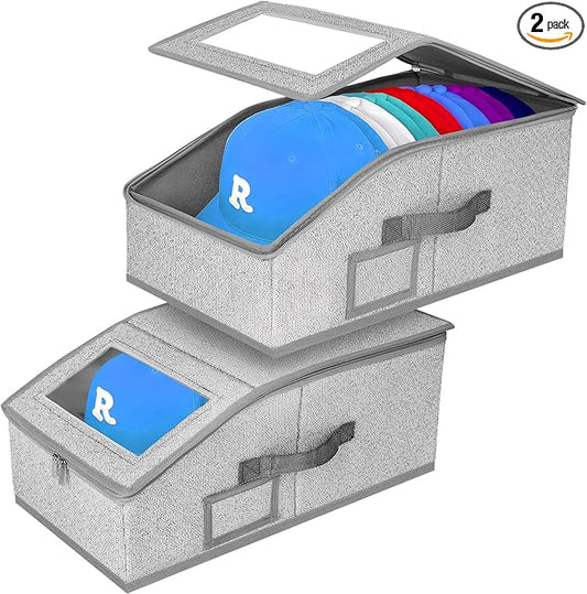 Hat Storage for Baseball Caps,2 PCS Stackable Hat Storage Boxes holds up to 24 Caps Hat Organizer for Closet, Sturdy Snapback Hat Boxes for Women&Men with Clear Window for Closet, Grey