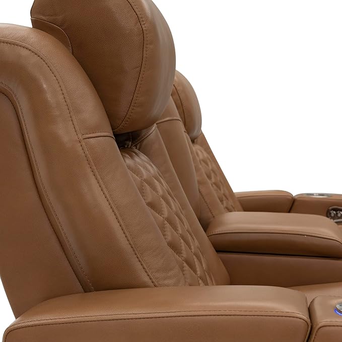Seatcraft Anthem Italian Leather Loveseat w/Storage Console, Living Room, Power Headrest, Power Recline, Tan Oak