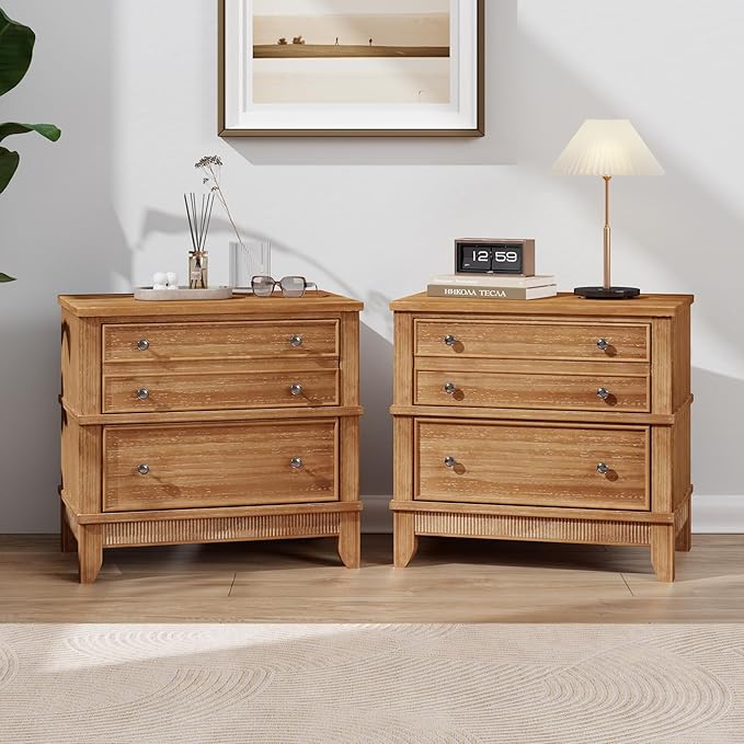 Merax Wooden Hazel 3-Drawer Nightstand, Mid-Century Modern Night Stand with Storage Drawers, Bed Sofa Side End Table, Dressers Organizer Vertical Storage Tower Tables for Bedroom & Living Room, Brown