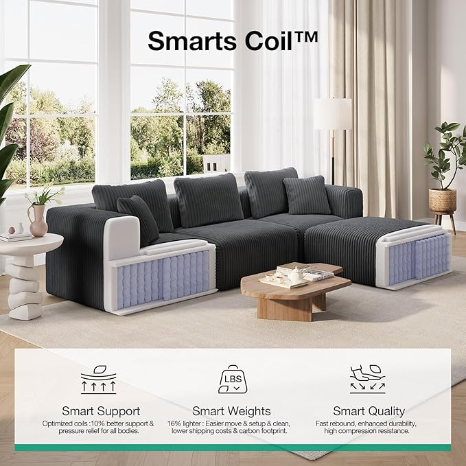 Novilla 106" Modular Sectional Sofa, Modern Cloud Sectional Couch with Smarts Coil® Support, U-Shape Boneless Couch for Living Room Apartments, No Assembly Required, Dark Gray (3 Seat w/ 2 Ottoman)