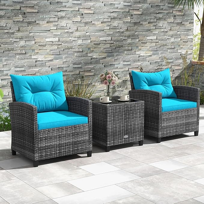 LDAILY Patio Furniture Set, 3 Pieces PE Rattan Wicker Patio Sofa Chairs with Washable Cushion & Glass Table, Outdoor Furniture Conversation Sets for Porch, Balcony, Garden, Poolside (Turquoise)