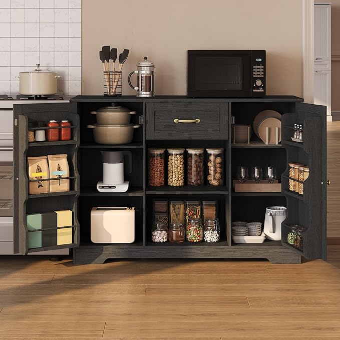 Gizoon Coffee Bar Cabinet with Door and Shelves Kitchen Hutch with Countertop, Kitchen Buffer Cabinet with Storage for Bedroom and Living Room, Black