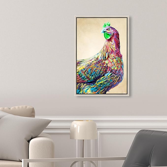 Country Farmhouse Canvas Print Painting Animal Wall Art 'Fun Colorful Glam Rooster' Champagne Framed Canvas Rustic Home Décor 10x15 in Pink, Green by Oliver Gal