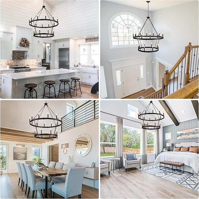20-Light 2 Tier Black Wagon Wheel Chandelier, 38.19" Large Chandeliers for High Ceilings, Farmhouse Chandeliers for Dinning Room Living Room Kitchen Island Foyer