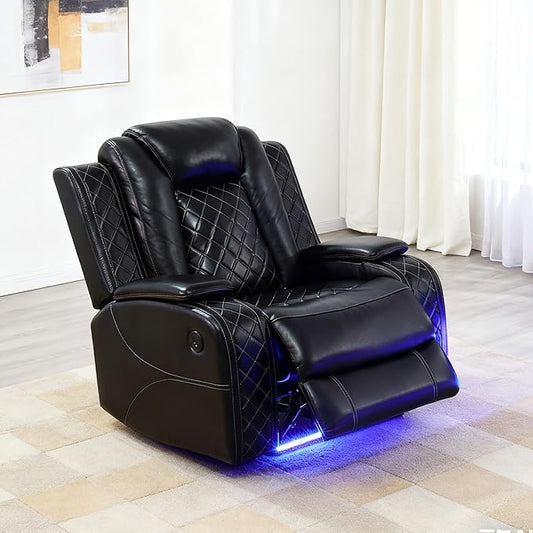 Power Recliner Sofa Set for Living Room, Leather Power Reclining Sofa Sets with LED Lights, Console Storage, Recliner Couch with USB Port(Chair,Black)