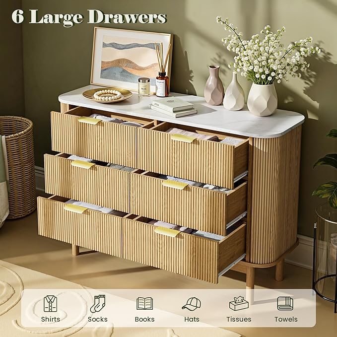 47" Fluted Dresser for Bedroom with 6 Drawer, Modern Chest of Drawers,Faux Marble Top & Curved Profile Design,Wood Drawer Storage Organizer for Living Room, Natural