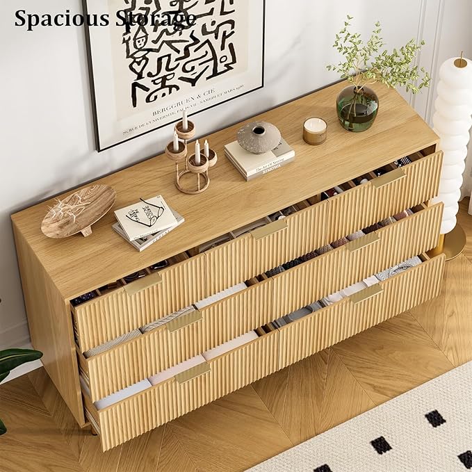 GAOMON 7 Drawer Dresser for Bedroom Chest of Drawers, 55" Wide Fluted Dresser with Drawers, Modern Wooden Double Dressers with Metal Handles for Living Room, Hallway