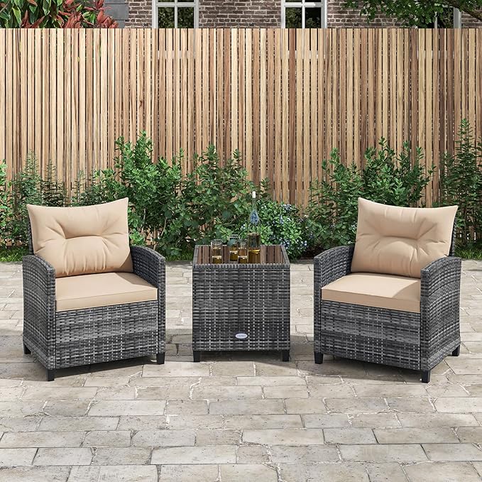 RELAX4LIFE 3 Piece Patio Furniture Set, Wicker Bistro Conversation Set w/2 Cushioned Armchairs & Glass Topped Table, Outdoor Rattan Sofa Set Patio Furniture for Porch Balcony Poolside (Grey-Beige)